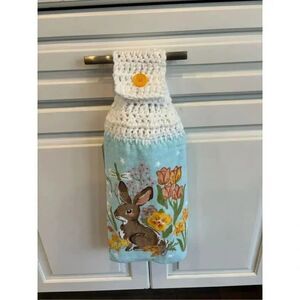 Crochet Top Kitchen Towel-Spring bunny with flowers